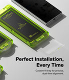 Galaxy Z Fold 8 Ultra Screen Protector | Cover Display Easy Slide 360° Privacy Tempered Glass (2 Pack) - A bright translucent green custom-fit tray holding a black smartphone, shown on a light gray background with additional partial trays and a sheet of clear material. Large text reads 'Perfect Installation, Every Time' with smaller descriptive copy below.