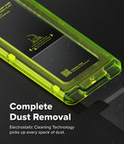 Galaxy Z Fold 8 Ultra Screen Protector | Cover Display Easy Slide 360° Privacy Tempered Glass (2 Pack) - A close-up of a transparent lime green protective case on a smartphone, with text reading 'Complete Dust Removal' and 'Electrostatic Cleaning Technology picks up every speck of dust.' on a dark background.