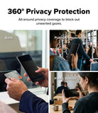 Galaxy Z Fold 8 Ultra Screen Protector | Cover Display Easy Slide 360° Privacy Tempered Glass (2 Pack) - Promotional graphic for a privacy screen filter, featuring the text '360° Privacy Protection' at the top and three lifestyle panels demonstrating its use in 'Bank' settings, 'Public Transportation', and 'Public Spaces' with people holding smartphones.