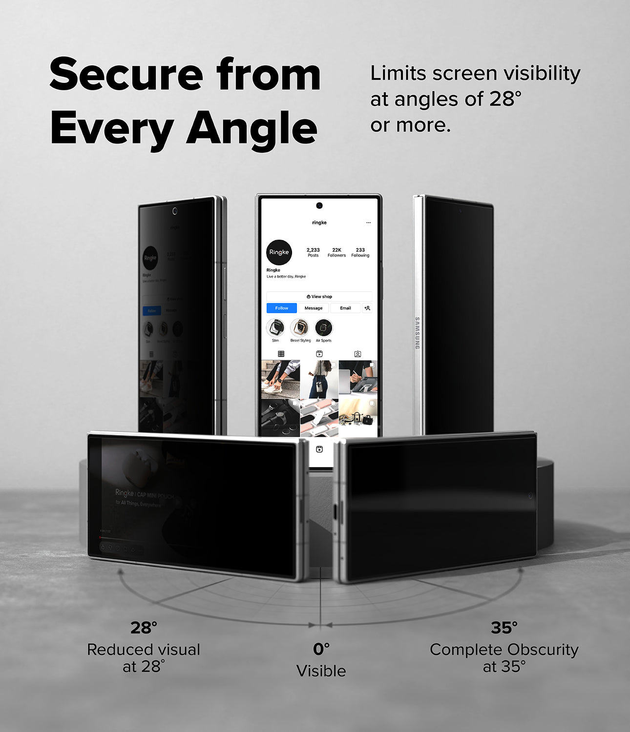 Galaxy Z Fold 8 Ultra Screen Protector | Cover Display Easy Slide 360° Privacy Tempered Glass (2 Pack) - Promotional graphic for a privacy screen protector or phone case, showing multiple black rectangular phone cases with screens either on or off, arranged in a studio setup. Text reads 'Secure from Every Angle' and explains that screen visibility is limited at angles of 28° or more, with additional text at the bottom showing 28° reduced visibility, 0° visible, and 35° complete obscurity.