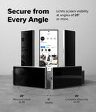 Galaxy Z Fold 8 Ultra Screen Protector | Cover Display Easy Slide 360° Privacy Tempered Glass (2 Pack) - Promotional graphic for a privacy screen protector or phone case, showing multiple black rectangular phone cases with screens either on or off, arranged in a studio setup. Text reads 'Secure from Every Angle' and explains that screen visibility is limited at angles of 28° or more, with additional text at the bottom showing 28° reduced visibility, 0° visible, and 35° complete obscurity.