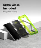 Galaxy Z Fold 8 Ultra Screen Protector | Cover Display Easy Slide 360° Privacy Tempered Glass (2 Pack) - A smartphone accessory set on a light gray studio surface: a black smartphone, a transparent black screen protector, and a bright neon green extra glass backup case, with text reading 'Extra Glass Included' and 'Always have a backup.'.