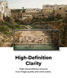 Galaxy Z Fold 8 Ultra Screen Protector | Cover Display Easy Slide 360° Privacy Tempered Glass (2 Pack) - A promotional graphic showing a beach and cliffside village scene above a framed high-definition screen mockup with the text 'High-Definition Clarity' and 'High transmittance ensures true image quality and vivid colors.'.