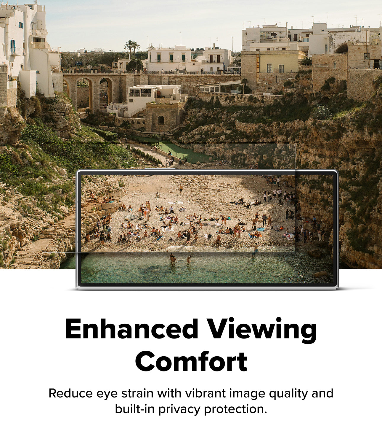 A promotional graphic for a smartphone screen protector. The top half shows a beach and cliffside town scene with a smartphone displaying a crowded beach scene, overlaid with a transparent rectangle indicating the protector.