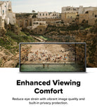 A promotional graphic for a smartphone screen protector. The top half shows a beach and cliffside town scene with a smartphone displaying a crowded beach scene, overlaid with a transparent rectangle indicating the protector.