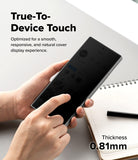 Galaxy Z Fold 8 Ultra Screen Protector | Cover Display Easy Slide 360° Privacy Tempered Glass (2 Pack) - A person holds a smartphone with a black protective cover, demonstrating touch sensitivity. The image includes text overlays reading 'True-To-Device Touch' and 'Thickness 0.