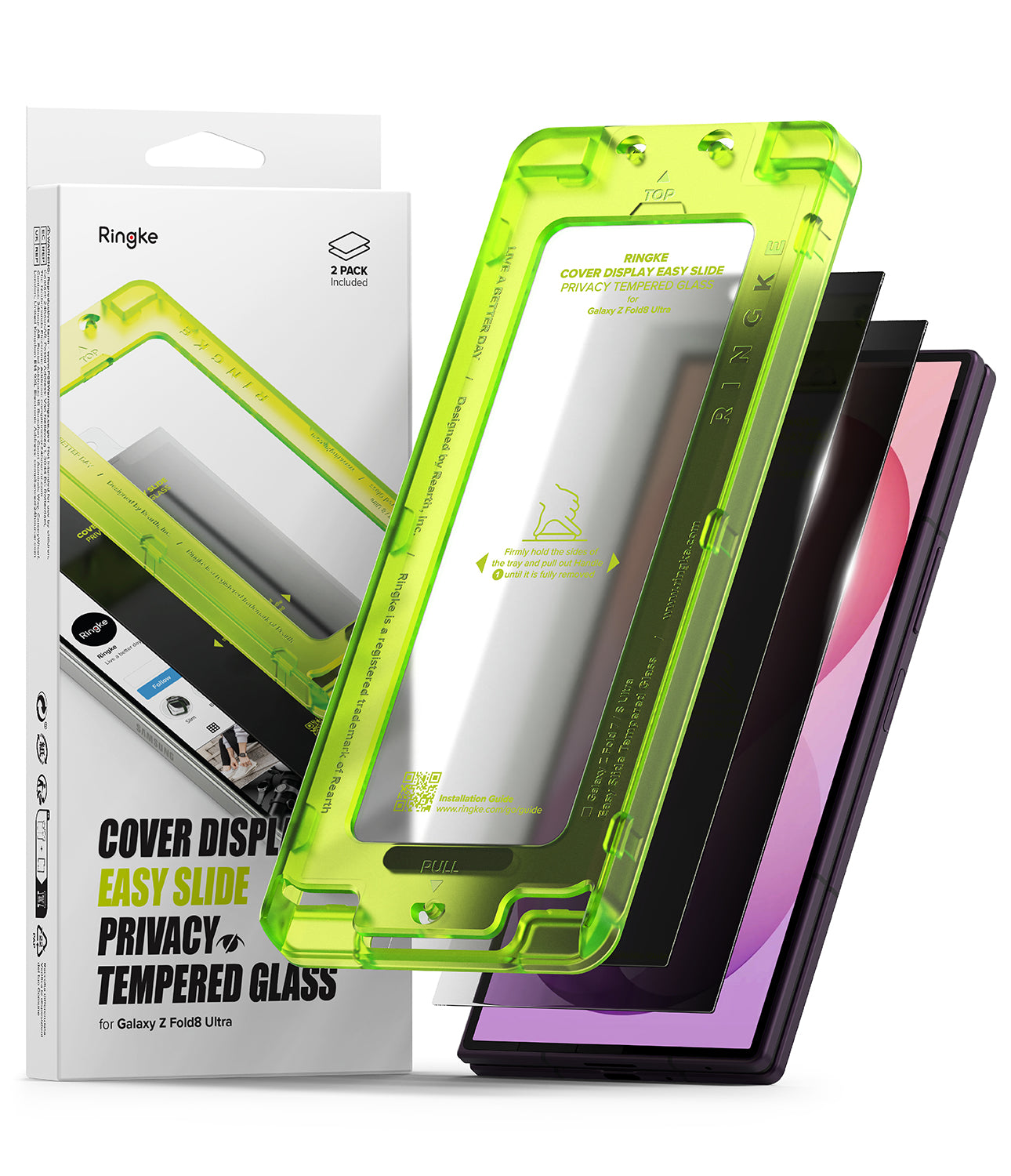Galaxy Z Fold 8 Ultra Screen Protector | Cover Display Easy Slide Privacy Tempered Glass (2 Pack) - Ringke privacy screen protectors for Galaxy Z Fold Ultra, including a translucent neon green privacy case and two dark privacy films, shown with their retail packaging on a white background.