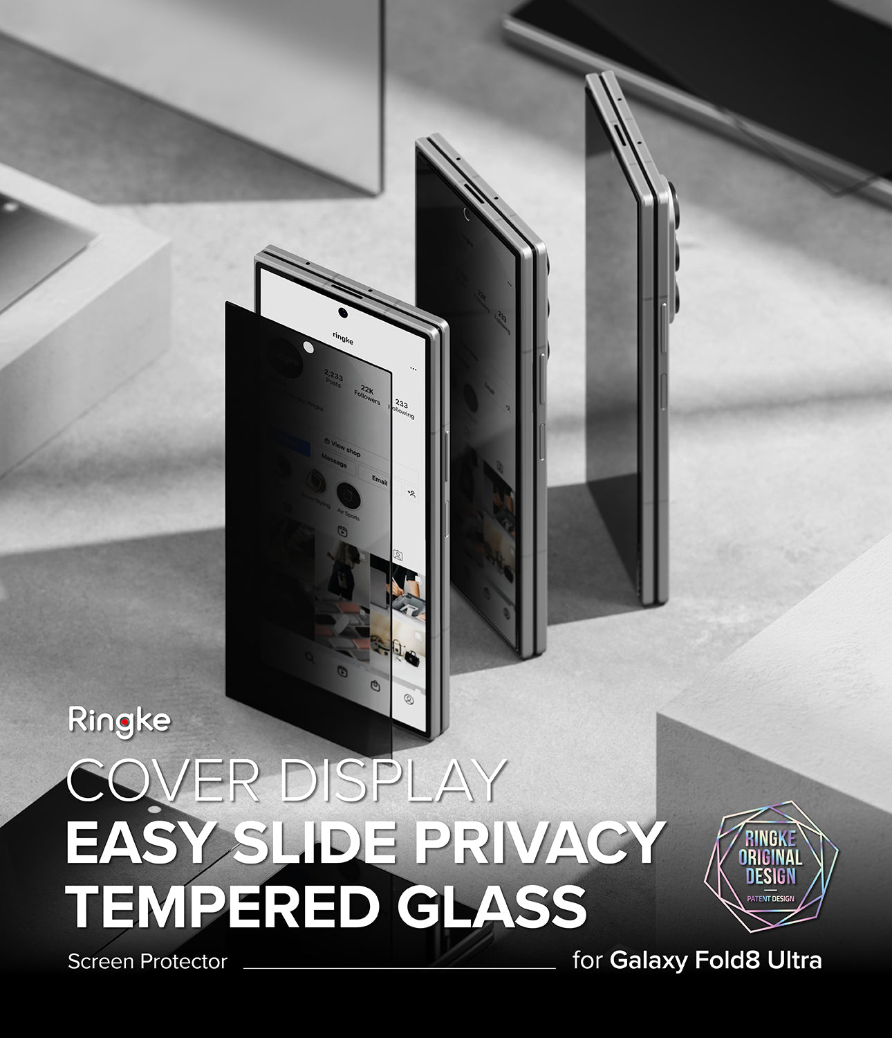 Galaxy Z Fold 8 Ultra Screen Protector | Cover Display Easy Slide Privacy Tempered Glass (2 Pack) - Promotional graphic for a Ringke screen protector cover display, showing three views of a folded smartphone with a transparent privacy slide cover on a light gray surface. Large text reads 'EASY SLIDE PRIVACY TEMPERED GLASS' and 'for Galaxy Fold8 Ultra'.