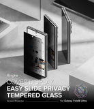 Galaxy Z Fold 8 Ultra Screen Protector | Cover Display Easy Slide Privacy Tempered Glass (2 Pack) - Promotional graphic for a Ringke screen protector cover display, showing three views of a folded smartphone with a transparent privacy slide cover on a light gray surface. Large text reads 'EASY SLIDE PRIVACY TEMPERED GLASS' and 'for Galaxy Fold8 Ultra'.