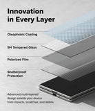 Galaxy Z Fold 8 Ultra Screen Protector | Cover Display Easy Slide Privacy Tempered Glass (2 Pack) - A promotional graphic showing a layered device with text callouts reading 'Innovation in Every Layer,' 'Oleophobic Coating,' '9H Tempered Glass,' 'Polarized Film,' and 'Shatterproof Protection.' The device is shown at an angle on a light gray background with a subtle blue textured area in the upper right.