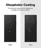 Galaxy Z Fold 8 Ultra Screen Protector | Cover Display Easy Slide Privacy Tempered Glass (2 Pack) - A promotional comparison graphic for oleophobic coating on a smartphone screen. The left side shows a black phone screen with water droplets and oil-like smudges, labeled 'Ringke'; the right side shows a similar black screen with fewer visible marks, labeled 'Others'.