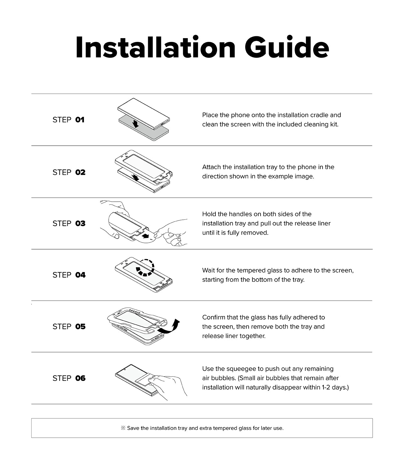 Galaxy Z Fold 8 Ultra Screen Protector | Cover Display Easy Slide Privacy Tempered Glass (2 Pack) - A black and white Installation Guide sheet showing six numbered steps with simple line drawings of a phone and tempered glass being handled, with text instructions on how to install the glass onto the phone.