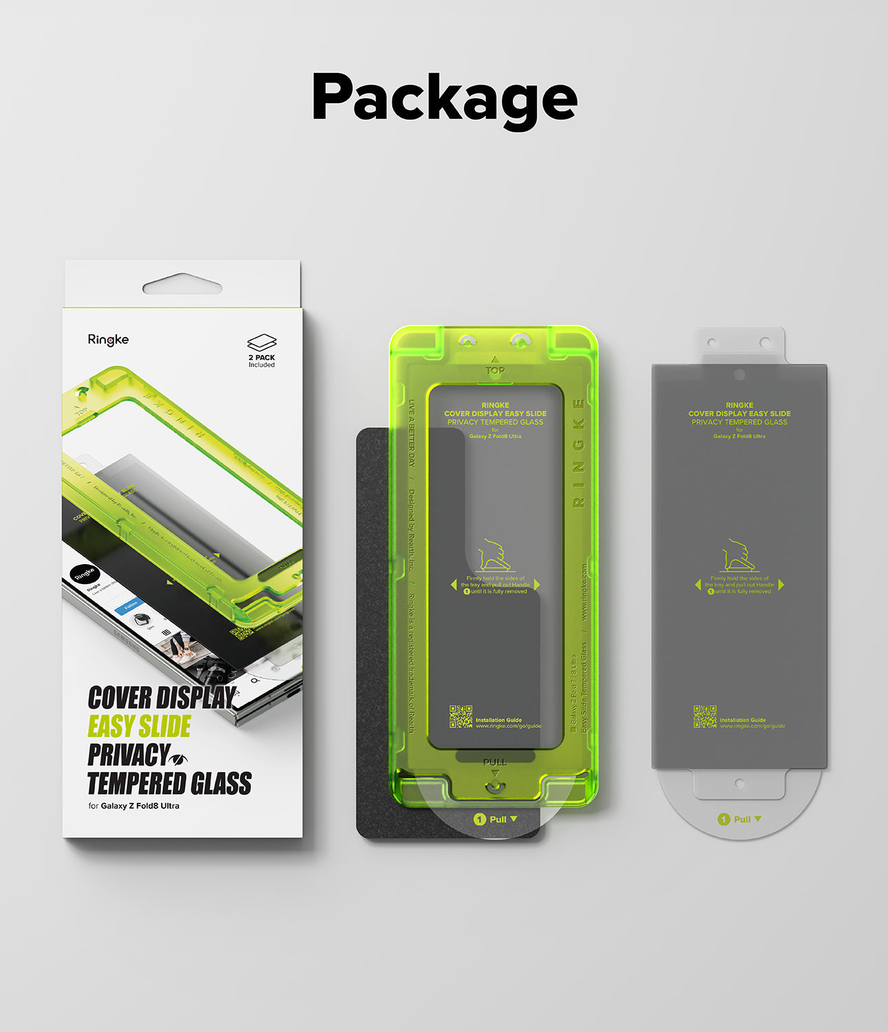 Galaxy Z Fold 8 Ultra Screen Protector | Cover Display Easy Slide Privacy Tempered Glass (2 Pack) - Product packaging and components for a Ringke phone case shown on a light gray background under the heading 'Package'. The set includes a retail box, a translucent neon green protective sleeve, a black inner insert, and a gray backing card.