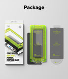 Galaxy Z Fold 8 Ultra Screen Protector | Cover Display Easy Slide Privacy Tempered Glass (2 Pack) - Product packaging and components for a Ringke phone case shown on a light gray background under the heading 'Package'. The set includes a retail box, a translucent neon green protective sleeve, a black inner insert, and a gray backing card.