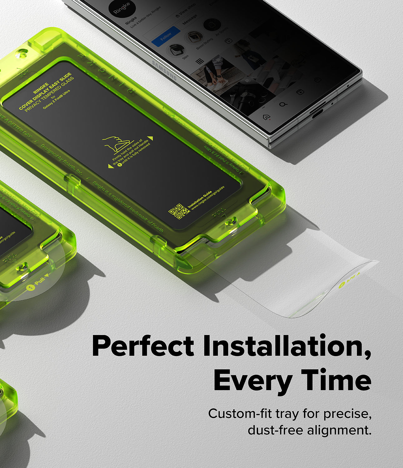 Galaxy Z Fold 8 Ultra Screen Protector | Cover Display Easy Slide Privacy Tempered Glass (2 Pack) - A close-up promotional shot of a translucent bright green custom-fit tray holding a black smartphone, with part of another tray and a folded clear sheet visible. Large text reads 'Perfect Installation, Every Time' and 'Custom-fit tray for precise, dust-free alignment.