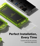 Galaxy Z Fold 8 Ultra Screen Protector | Cover Display Easy Slide Privacy Tempered Glass (2 Pack) - A close-up promotional shot of a translucent bright green custom-fit tray holding a black smartphone, with part of another tray and a folded clear sheet visible. Large text reads 'Perfect Installation, Every Time' and 'Custom-fit tray for precise, dust-free alignment.