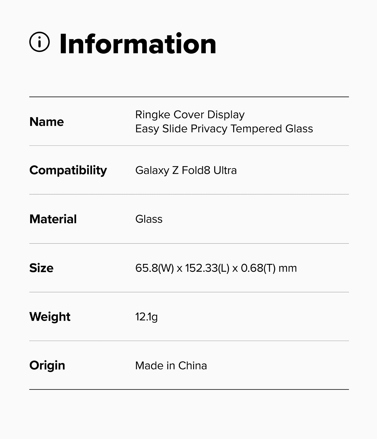 Galaxy Z Fold 8 Ultra Screen Protector | Cover Display Easy Slide Privacy Tempered Glass (2 Pack) - An information card detailing the specifications of a Ringke Cover Display privacy glass for a Galaxy Z Fold 8 Ultra. The card lists the product name, compatibility, material (glass), dimensions, weight (12.