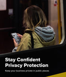 Galaxy Z Fold 8 Ultra Screen Protector | Cover Display Easy Slide Privacy Tempered Glass (2 Pack) - A woman seen from behind sitting on a subway train, holding a smartphone. Large white text at the bottom reads 'Stay Confident Privacy Protection' with smaller text 'Keep your business private in public places.