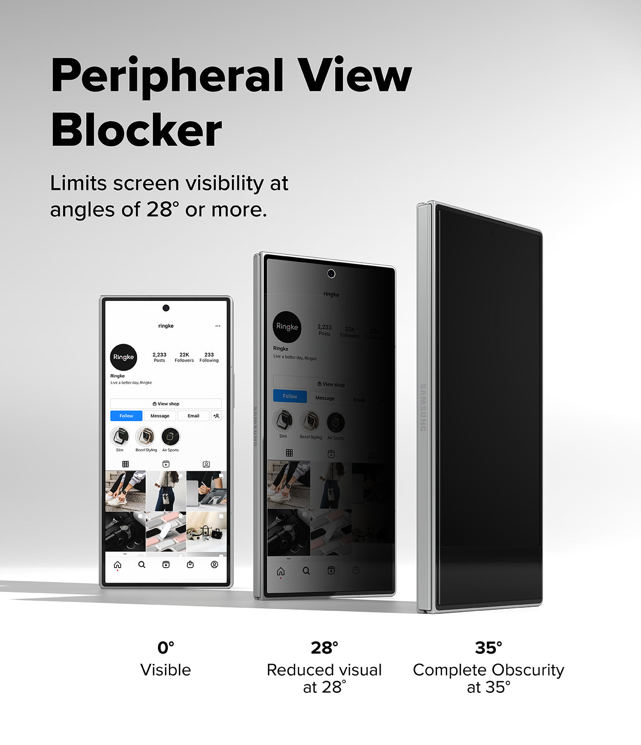 Galaxy Z Fold 8 Ultra Screen Protector | Cover Display Easy Slide Privacy Tempered Glass (2 Pack) - Peripheral View Blocker product shown on three smartphone-like devices from front, side, and back angles, with text explaining that it limits screen visibility at 28° or more. The background is a clean light gray gradient.