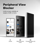 Galaxy Z Fold 8 Ultra Screen Protector | Cover Display Easy Slide Privacy Tempered Glass (2 Pack) - Peripheral View Blocker product shown on three smartphone-like devices from front, side, and back angles, with text explaining that it limits screen visibility at 28° or more. The background is a clean light gray gradient.