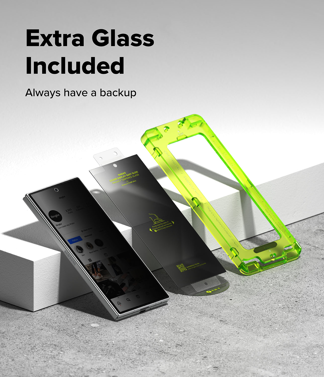 Galaxy Z Fold 8 Ultra Screen Protector | Cover Display Easy Slide Privacy Tempered Glass (2 Pack) - Two smartphone screen protectors are displayed on white blocks against a light gray background. One protector is shown applied to a phone, and the other is shown flat with a bright translucent neon green frame around it.