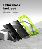 Galaxy Z Fold 8 Ultra Screen Protector | Cover Display Easy Slide Privacy Tempered Glass (2 Pack) - Two smartphone screen protectors are displayed on white blocks against a light gray background. One protector is shown applied to a phone, and the other is shown flat with a bright translucent neon green frame around it.