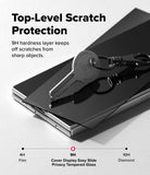 Galaxy Z Fold 8 Ultra Screen Protector | Cover Display Easy Slide Privacy Tempered Glass (2 Pack) - A smartphone with a dark tempered glass screen protector and a metal key resting on top, shown on a light gray background with marketing text about 9H scratch protection and a hardness scale from 4H to 10H.