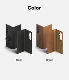 Galaxy Z Fold 8 Ultra MagSafe Wallet | Folio Grip Wallet Magnetic - Color options for a foldable phone wallet case, showing two versions side by side: one in matte black labeled 'Black' and one in warm brown/tan labeled 'Brown', on a light gray background with the heading 'Color'.