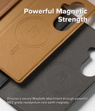 Galaxy Z Fold 8 Ultra MagSafe Wallet | Folio Grip Wallet Magnetic - Close-up of a phone wallet case showing two magnetic phone cases stacked together, with text overlays highlighting powerful magnetic strength and MagSafe attachment.