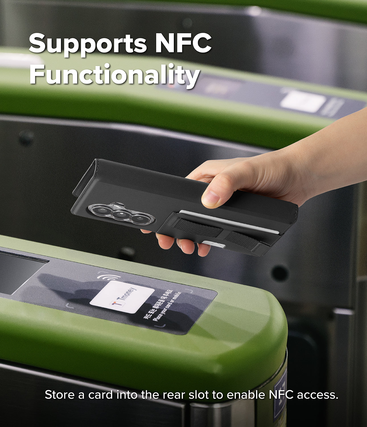 Galaxy Z Fold 8 Ultra MagSafe Wallet | Folio Grip Wallet Magnetic - A hand holds a black smartphone case over a green turnstile, with text reading 'Supports NFC Functionality' and a note explaining how to store a card in the rear slot for NFC access.