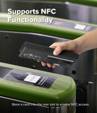 Galaxy Z Fold 8 Ultra MagSafe Wallet | Folio Grip Wallet Magnetic - A hand holds a black smartphone case over a green turnstile, with text reading 'Supports NFC Functionality' and a note explaining how to store a card in the rear slot for NFC access.