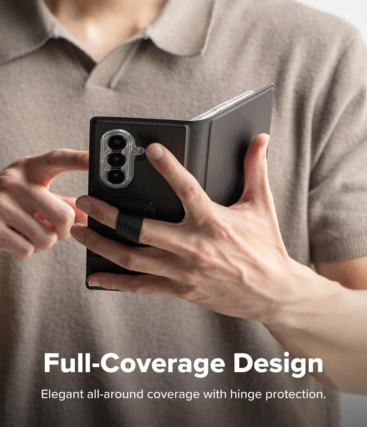 Galaxy Z Fold 8 Ultra MagSafe Wallet | Folio Grip Wallet Magnetic - A person in a beige polo shirt holds a black foldable phone case with a built-in ring stand. The image features text at the bottom that reads 'Full-Coverage Design' and 'Elegant all-around coverage with hinge protection.