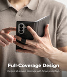 Galaxy Z Fold 8 Ultra MagSafe Wallet | Folio Grip Wallet Magnetic - A person in a beige polo shirt holds a black foldable phone case with a built-in ring stand. The image features text at the bottom that reads 'Full-Coverage Design' and 'Elegant all-around coverage with hinge protection.