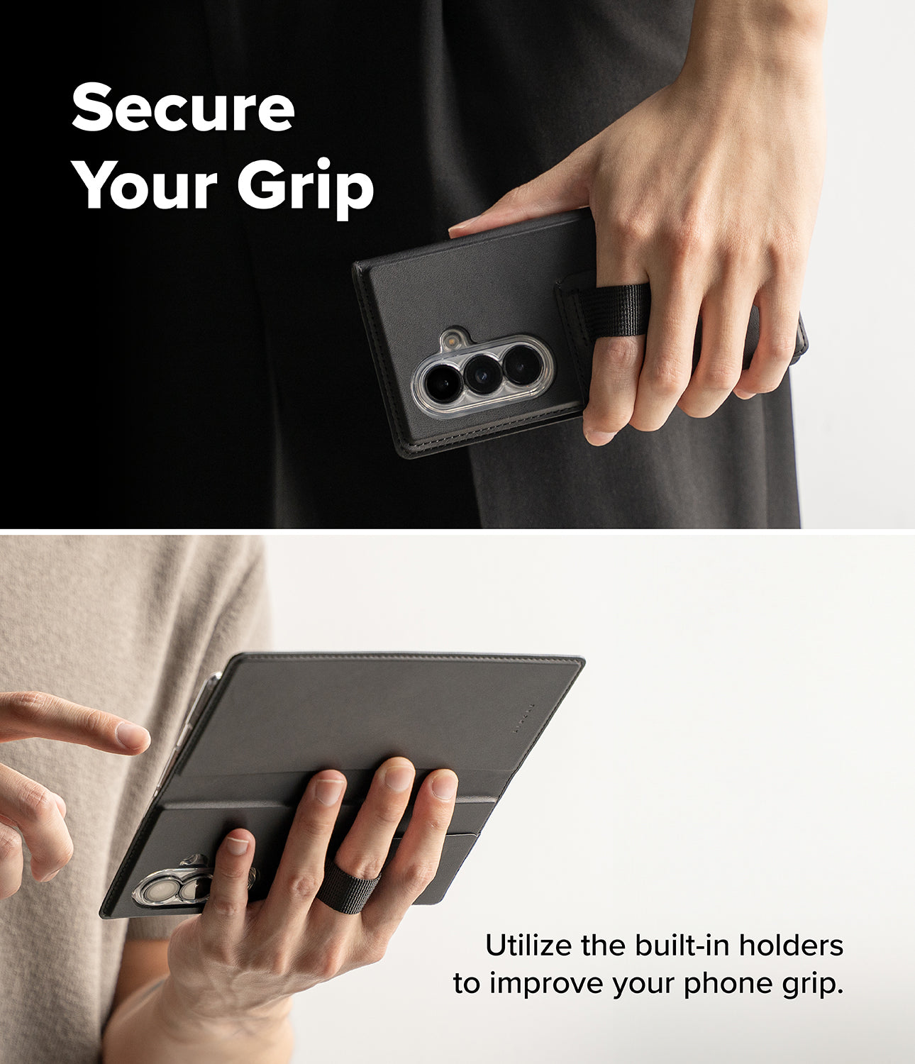 Galaxy Z Fold 8 Ultra MagSafe Wallet | Folio Grip Wallet Magnetic - Two-panel product demonstration showing a black phone grip case with built-in holders. The top panel shows a person holding a phone in the case with the text 'Secure Your Grip.