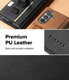 Galaxy Z Fold 8 Ultra MagSafe Wallet | Folio Grip Wallet Magnetic - A promotional collage for a PU leather phone case. The top section shows two cases on a wood surface: one black with a built-in strap and one brown with a visible camera cutout.