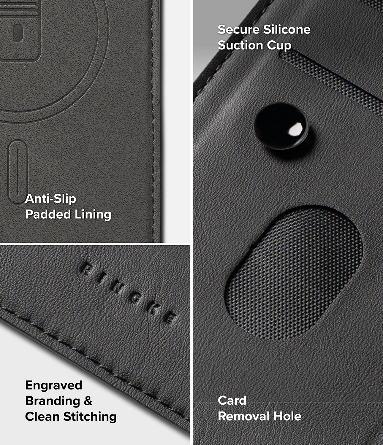 Galaxy Z Fold 8 Ultra MagSafe Wallet | Folio Grip Wallet Magnetic - Close-up product detail collage of a dark gray phone case with text callouts highlighting an anti-slip padded lining, secure silicone suction cup, engraved branding, and a card removal hole.
