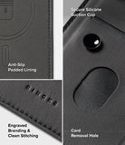 Galaxy Z Fold 8 Ultra MagSafe Wallet | Folio Grip Wallet Magnetic - Close-up product detail collage of a dark gray phone case with text callouts highlighting an anti-slip padded lining, secure silicone suction cup, engraved branding, and a card removal hole.