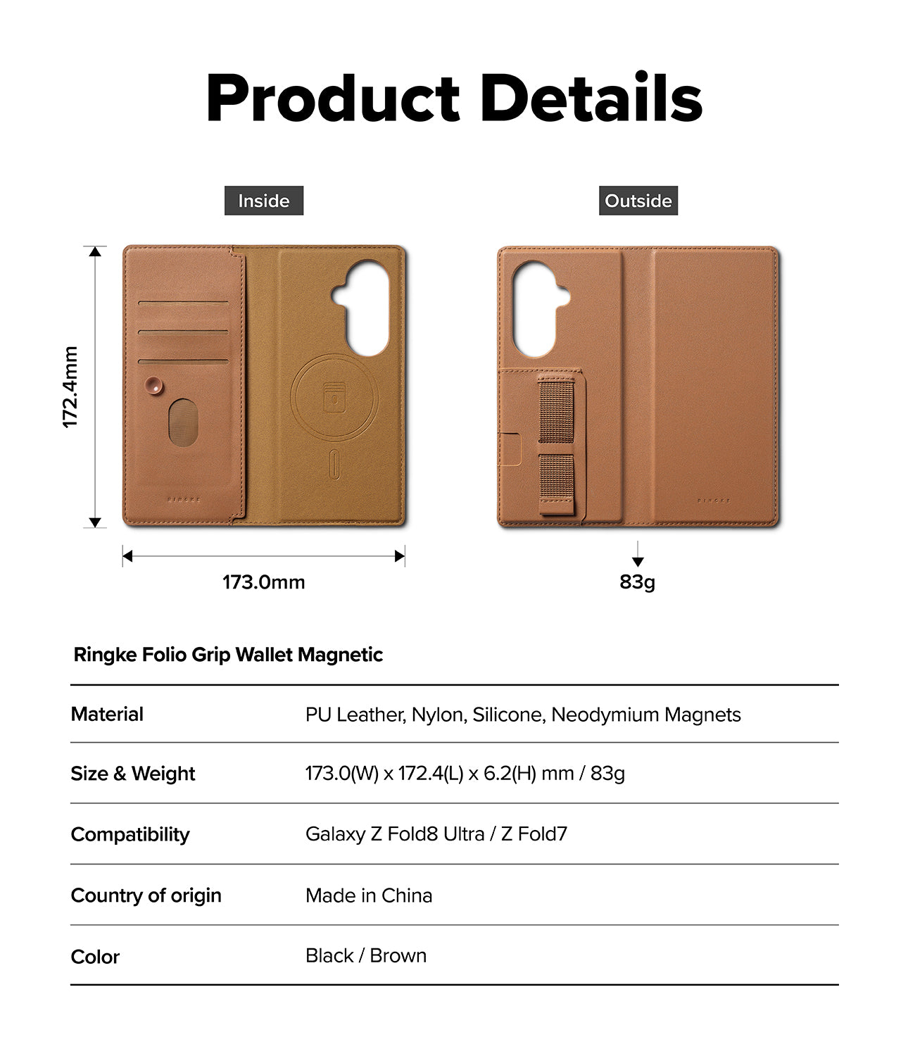 Galaxy Z Fold 8 Ultra MagSafe Wallet | Folio Grip Wallet Magnetic - Product details infographic for a brown leather folding wallet case, showing front and back views with dimensions (173.0 x 172.