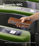 Galaxy Z Fold 8 Ultra MagSafe Wallet | Folio Grip Wallet Magnetic - A hand holds a brown leather wallet-style phone case with an integrated card slot and a small card inserted, demonstrating NFC functionality at a green turnstile. White text overlays read 'Supports NFC Functionality' and 'Store a card into the rear slot to enable NFC access.