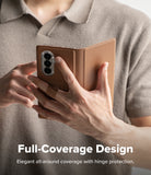 Galaxy Z Fold 8 Ultra MagSafe Wallet | Folio Grip Wallet Magnetic - A person in a taupe knit polo shirt holds a smartphone in a tan folio-style case with a kickstand. White text at the bottom reads 'Full-Coverage Design' and 'Elegant all-around coverage with hinge protection.