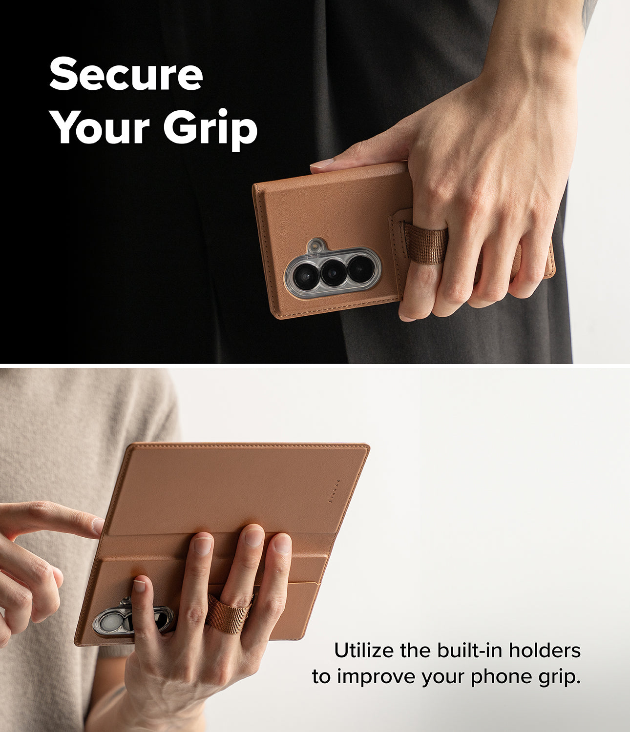 Galaxy Z Fold 8 Ultra MagSafe Wallet | Folio Grip Wallet Magnetic - Two-panel product demonstration showing a tan leather phone grip holder being used in a hand. The top panel has the text 'Secure Your Grip' on a black background, and the bottom panel shows the holder opened with built-in ring holders and text 'Utilize the built-in holders to improve your phone grip' on a white background.