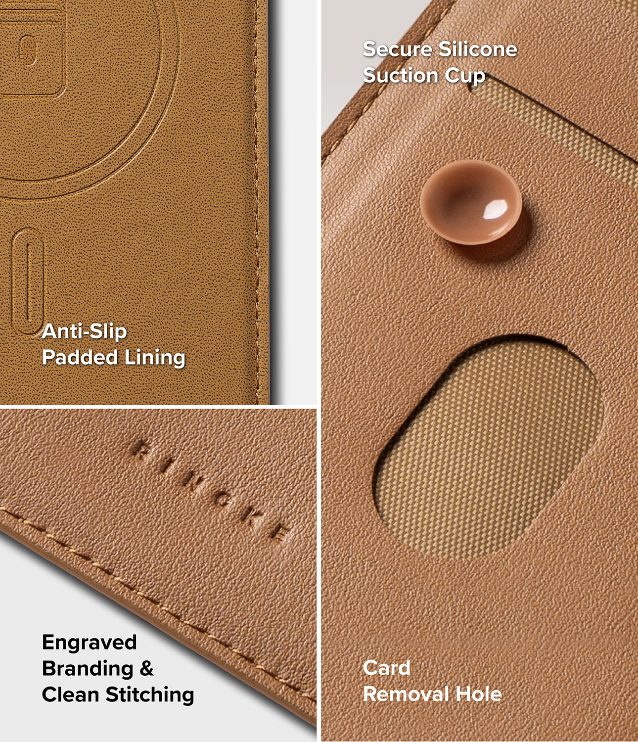 Galaxy Z Fold 8 Ultra MagSafe Wallet | Folio Grip Wallet Magnetic - A close-up collage of a tan leather wallet or card holder showing product details: a padded anti-slip lining, a secure silicone suction cup, engraved branding, clean stitching, and a card removal hole with text callouts.