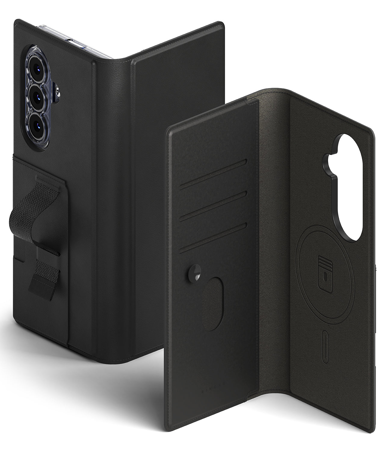 Galaxy Z Fold 8 Ultra MagSafe Wallet | Folio Grip Wallet Magnetic - Black folio-style phone case shown open and closed, with a card slot, and interior pocket, photographed on a clean white background.