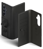 Galaxy Z Fold 8 Ultra MagSafe Wallet | Folio Grip Wallet Magnetic - Black folio-style phone case shown open and closed, with a card slot, and interior pocket, photographed on a clean white background.