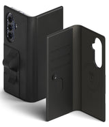 Galaxy Z Fold 8 Ultra MagSafe Wallet | Folio Grip Wallet Magnetic - Black folio-style phone case shown open and closed, with a card slot, and interior pocket, photographed on a clean white background.