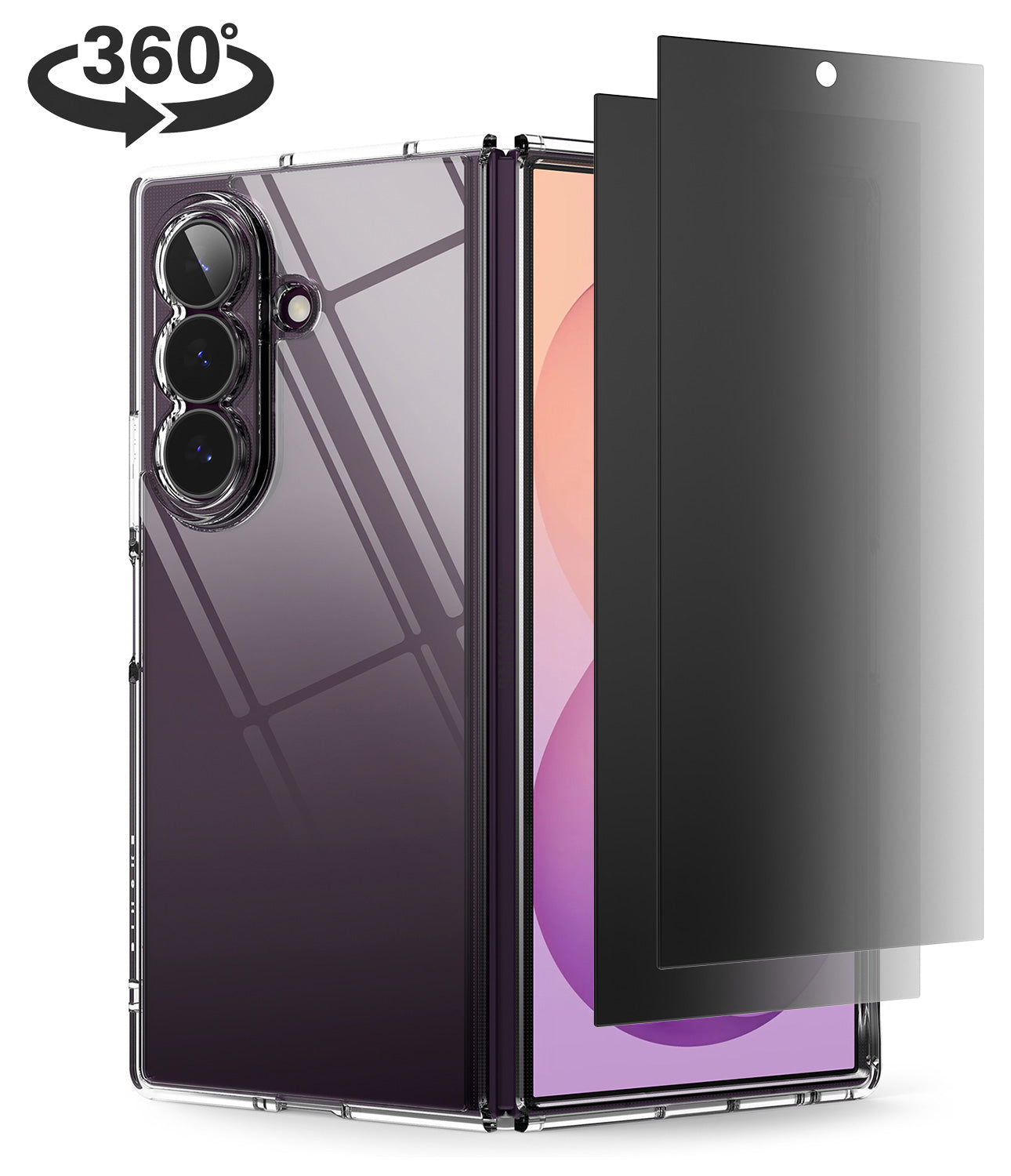 [Bundle] Galaxy Z Fold 8 Ultra | Fusion + 360° Privacy - A foldable smartphone case shown open, with a dark tinted screen protector leaning against the front. The phone back is glossy dark purple/gray with a triple-camera cutout.