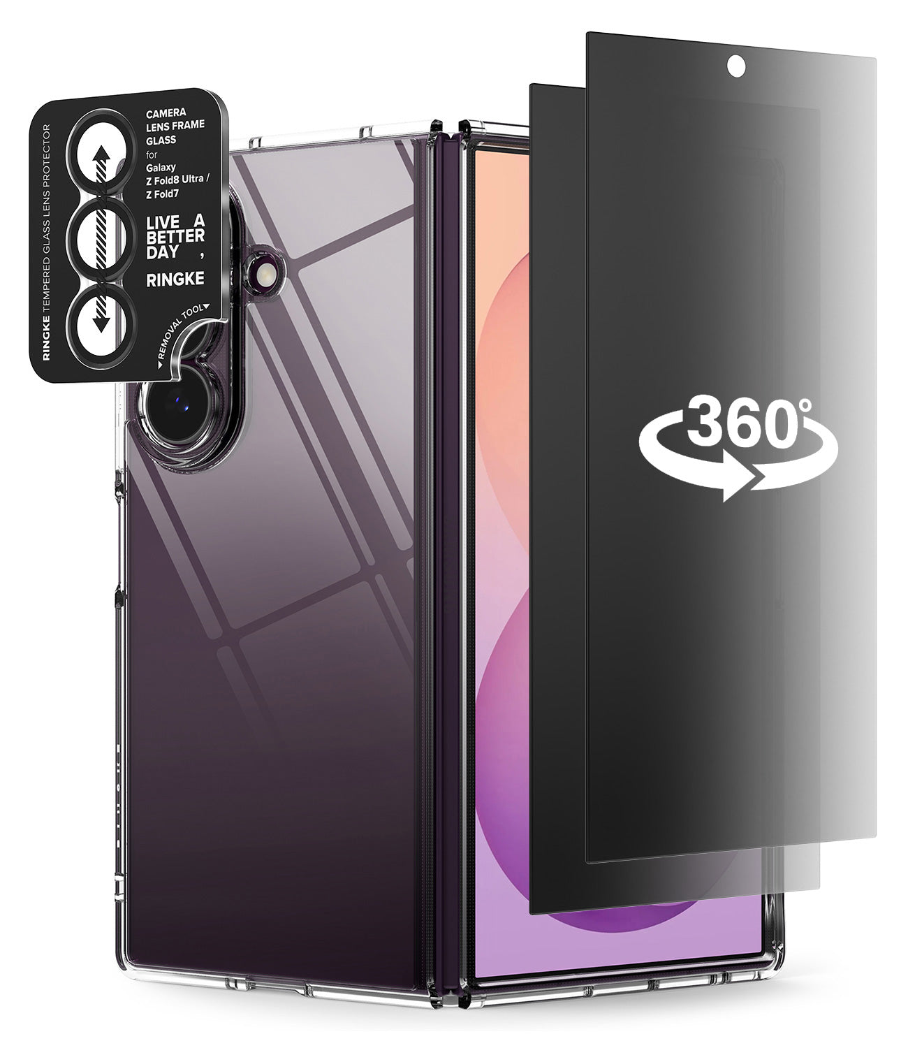 [Bundle] Galaxy Z Fold 8 Ultra | Fusion + 360° Privacy & Camera Protectors - A clear protective case for a folding smartphone shown open, with a black camera lens protector sticker applied to the rear camera cutout. A large black screen protector labeled '360°' is shown beside the phone.