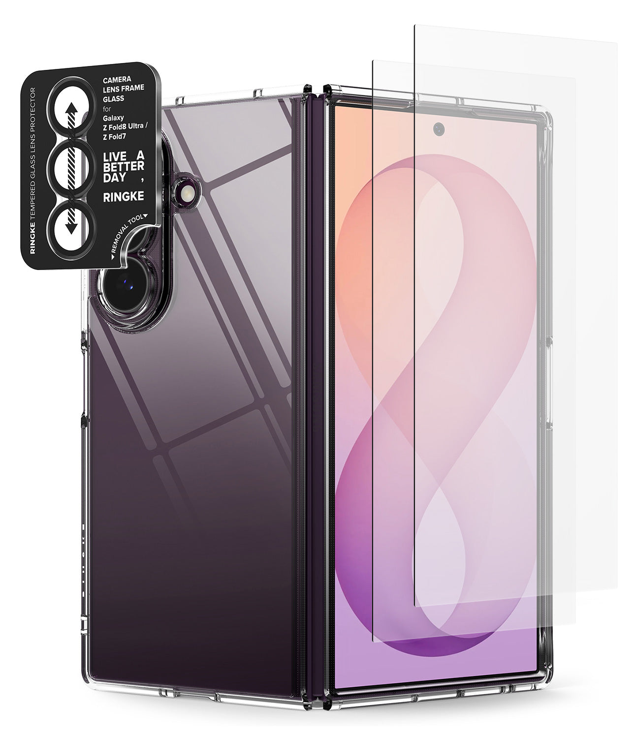 [Bundle] Galaxy Z Fold 8 Ultra | Fusion + Screen / Camera Protectors (2P) - A clear protective screen protector shown partially attached to a smartphone case, with a black camera lens protector sticker labeled Ringke on the back. The phone case is transparent and the screen protector is clear, displayed on a white background.