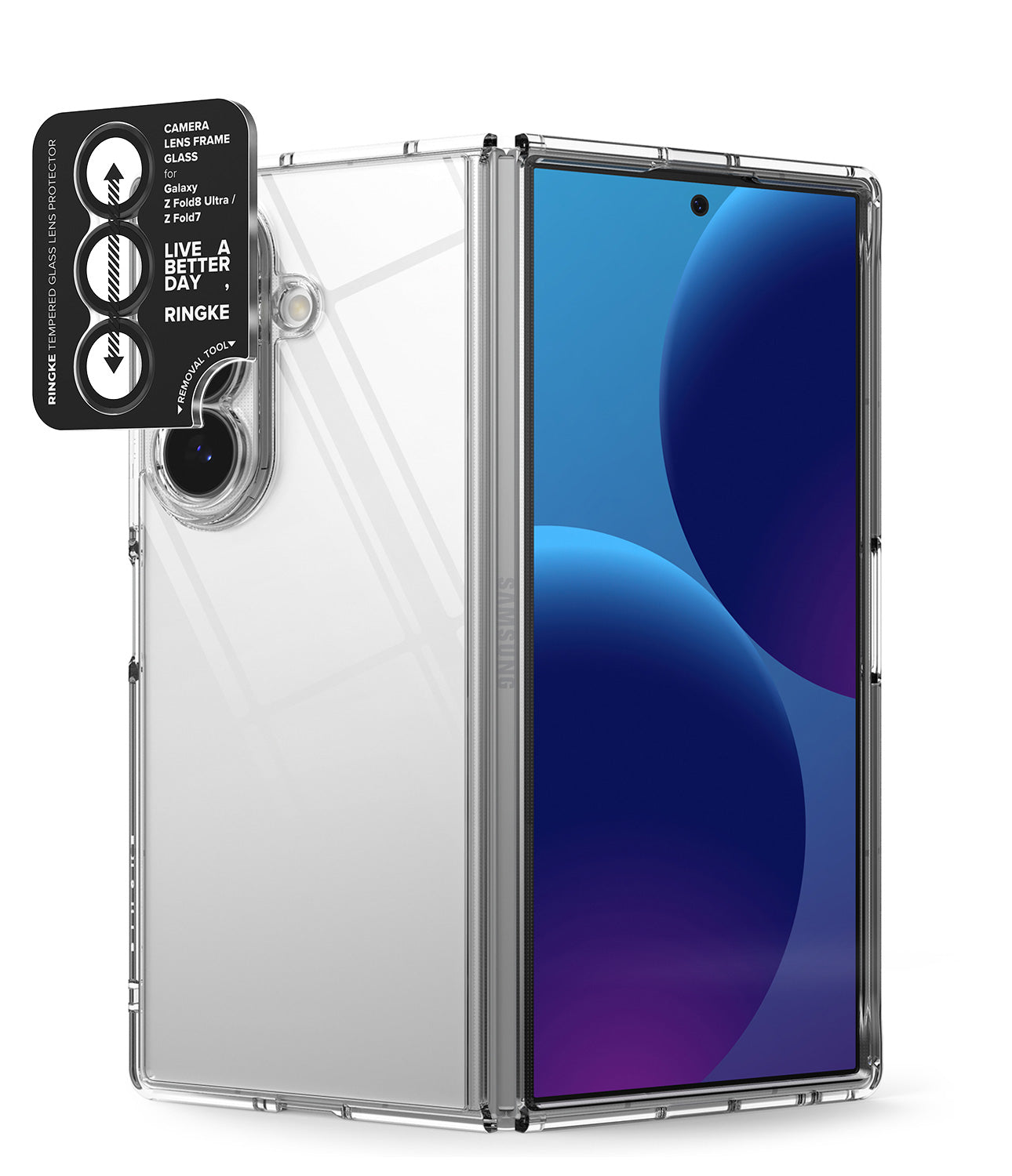 [Bundle] Galaxy Z Fold 8 Ultra Case | Fusion + Camera Lens Frame Glass - Transparent foldable phone case with camera lens frame glass protector shown on a foldable smartphone.
