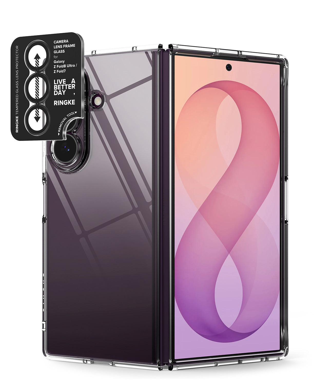 [Bundle] Galaxy Z Fold 8 Ultra | Fusion + Camera Protectors (2P) - A transparent protective case for a foldable smartphone, shown on a dark gray Samsung Galaxy Z Fold 8 Ultra. The case features a black camera lens protector sticker with Ringke branding and text reading 'LIVE.
